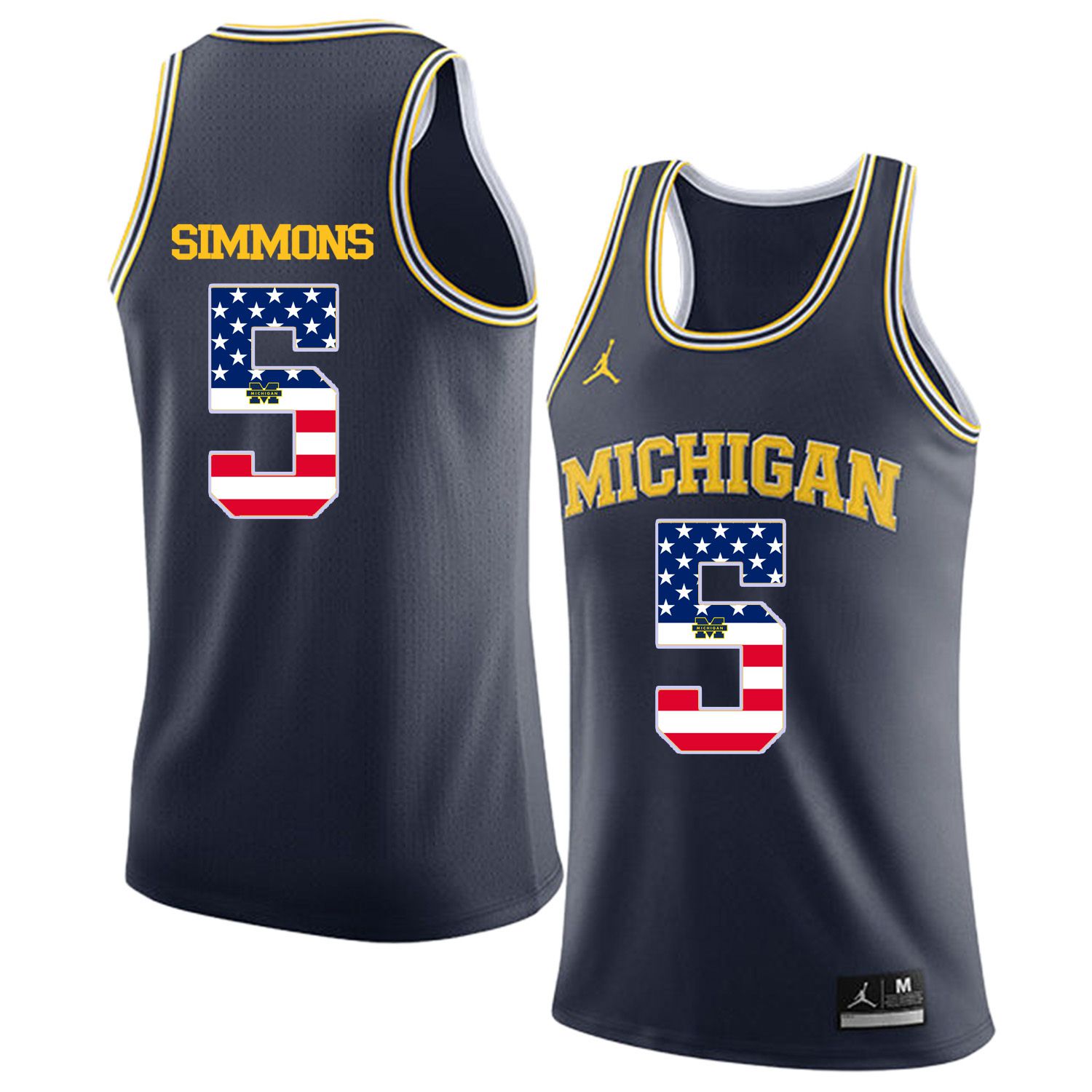 Men Jordan University of Michigan Basketball Navy #5 Simmons Flag Customized NCAA Jerseys